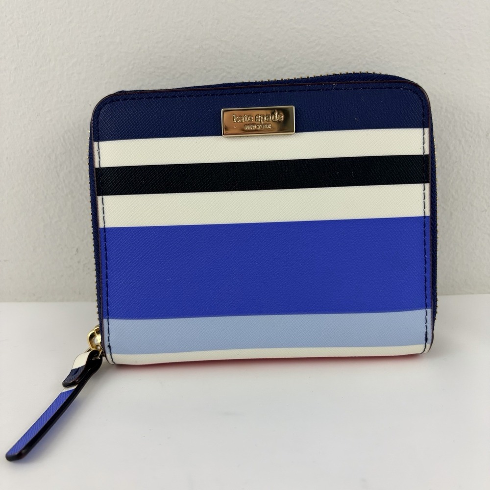 Kate Spade New York Striped Blue Multicolor Zip Around Bifold Wallet Card Holder